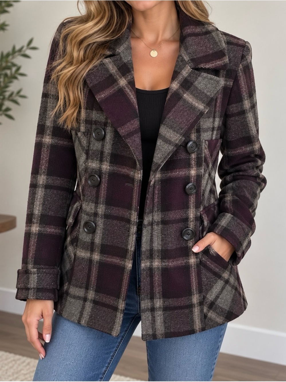 Vintage Moda International Plaid Coat- Gray & Purple size Small